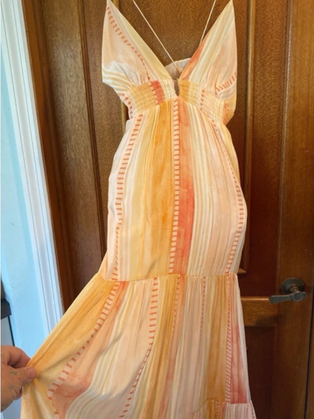 Sleeveless V-Neck Summer Maxi Dress in Peach Stripe